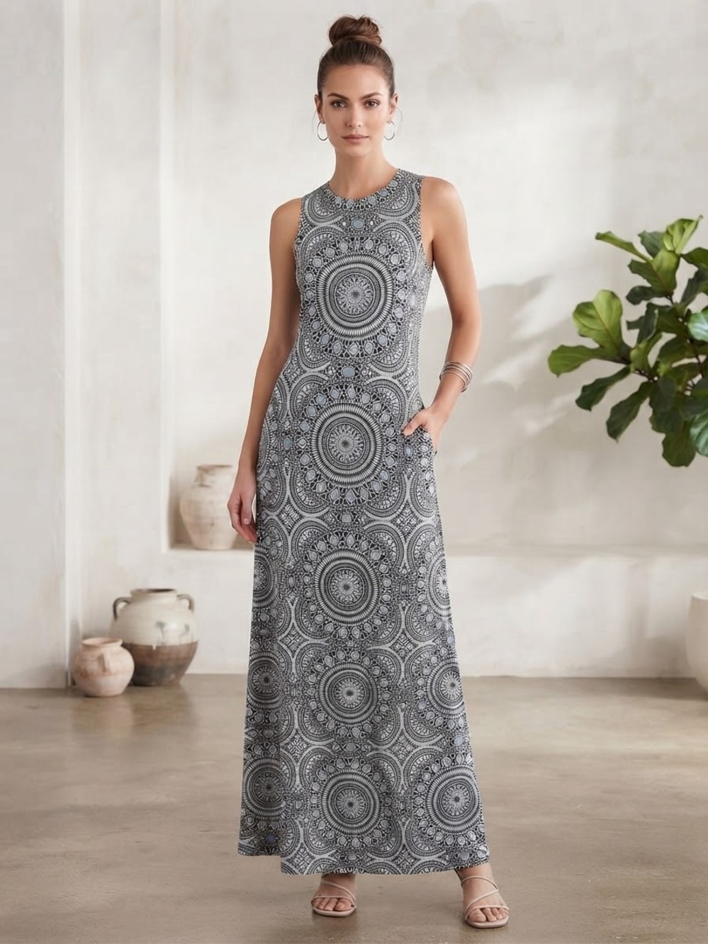 Cynthia Rowley Black,Blue & White Geometric Boho Mandala Print Maxi Dress (M)